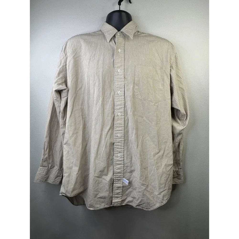 Polo Ralph Lauren Button Down Men 16-35 Tan White Stripe Chatfield Cotton Shirt‎